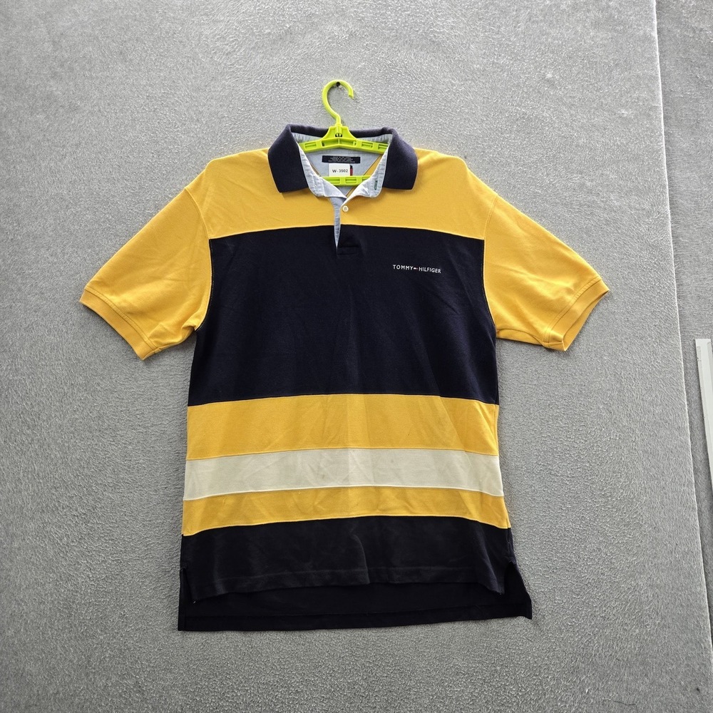 VINTAGE Tommy Hilfiger Men Polo L Yellow Striped Rugby Logo Short Sleeve